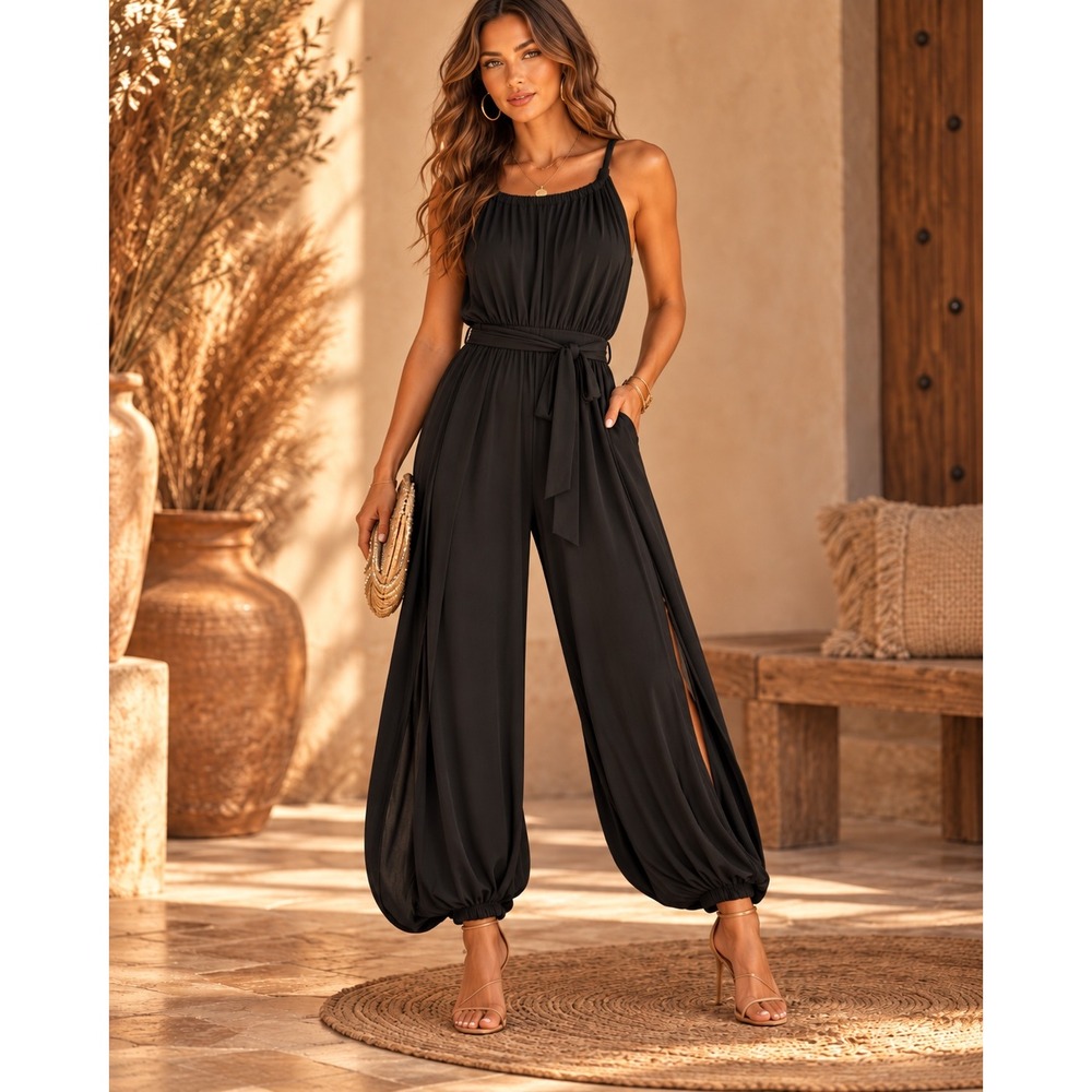 Zenana Black Halter Neck Jumpsuit Open Back High Slit Harem Leg Small